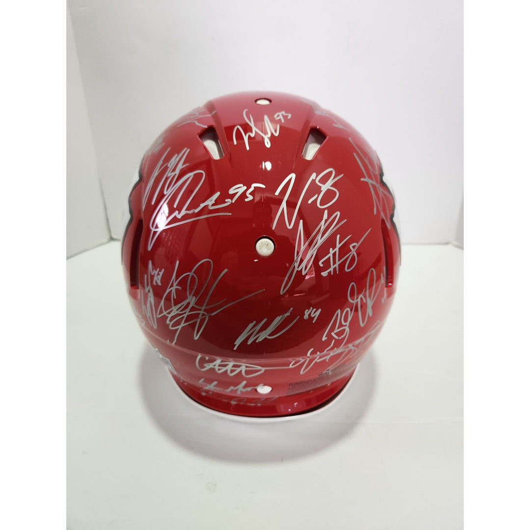 Patrick Mahomes Andy Reid Chris Jones 2022-23 Kansas City Chiefs AFC champions Speed pro model helmet signed with proof with free case