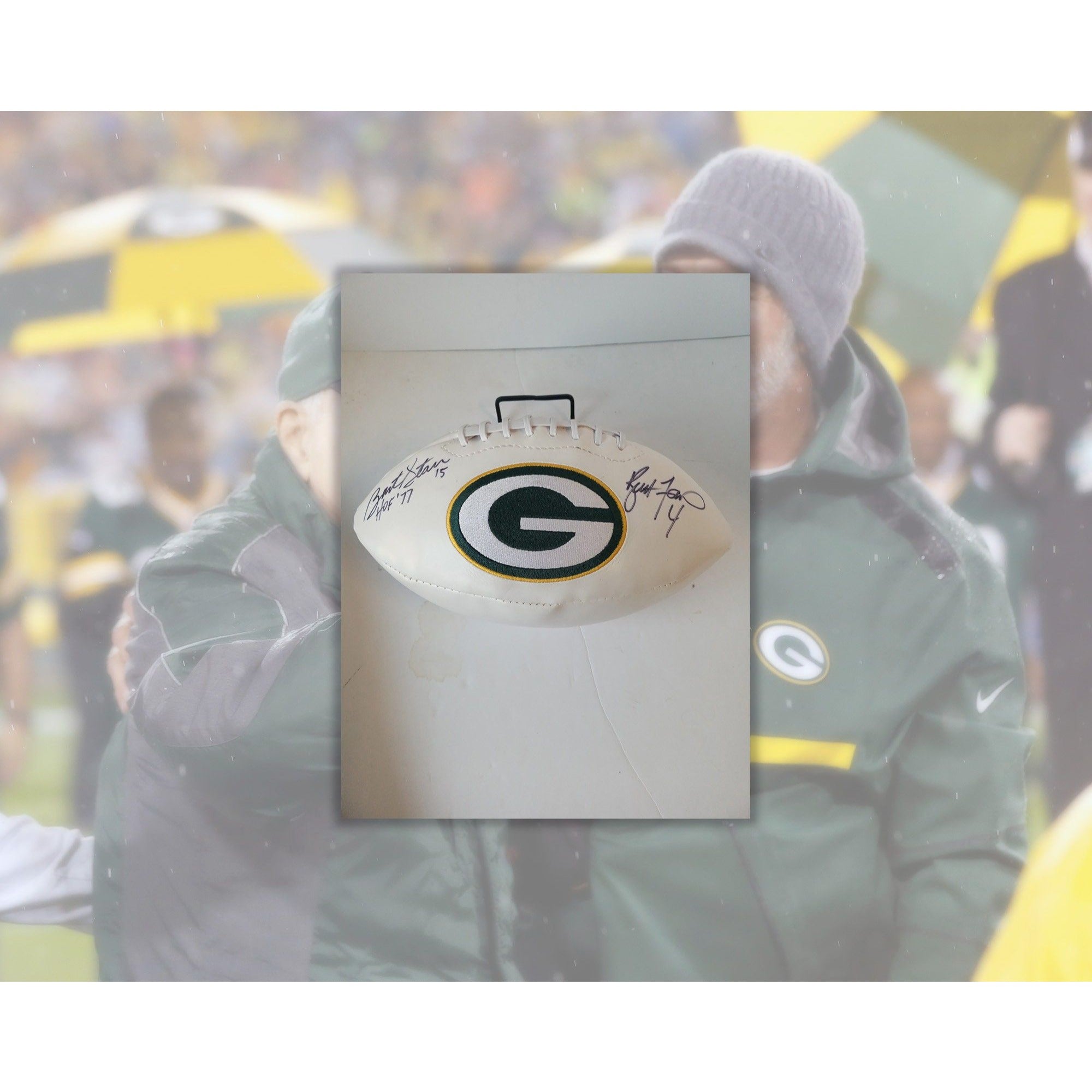 Green Bay Packers Bart Starr and Brett Favre full-size logo football signed with proof