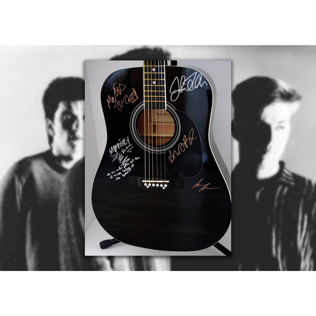 Morrissey, Johnny Marr, Andy Rourke, Mike Joyce, The Smiths black acoustic guitar signed with proof - Awesome Artifacts 