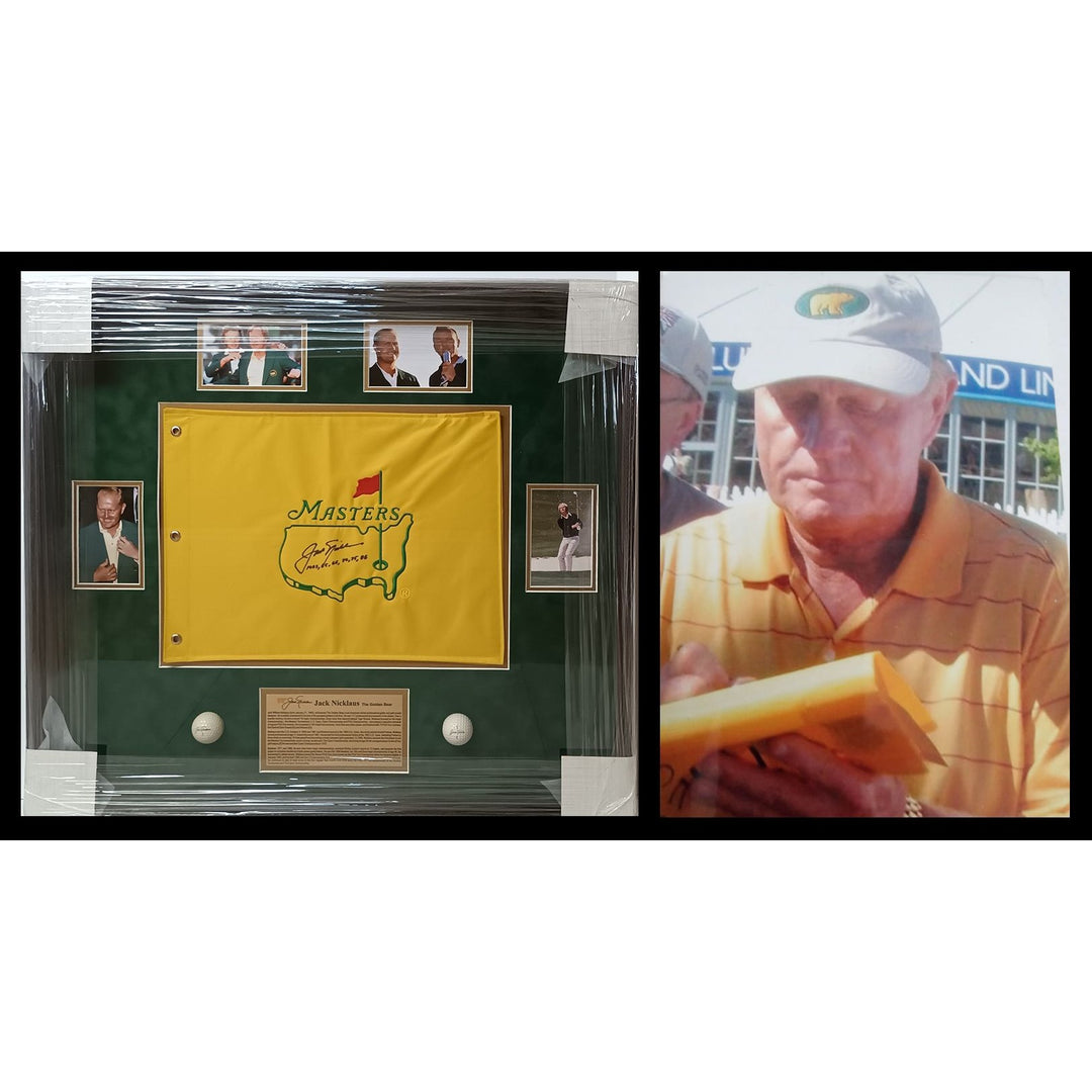 Jack Nicklaus signed and and inscribed with his six Masters championships Master's flag framed with proof