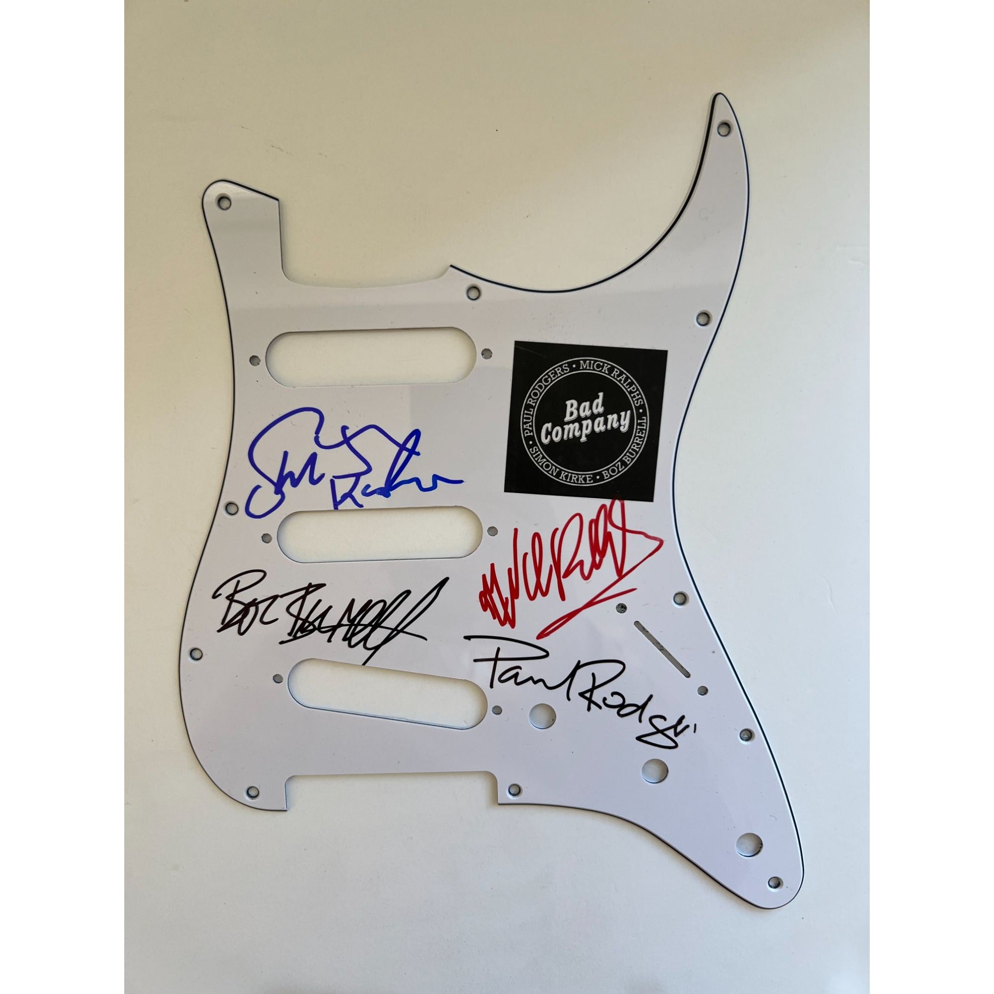 Bad Company Paul Rodgers Mick Ralphs Simon Kirke and Boz Burrell guitar pickguard signed