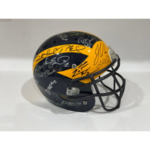 Michigan Wolverines Michigan Legends Tom Brady, Charles Woodson, Desmond Howard, Jim Harbaugh signed helmet with proof free case