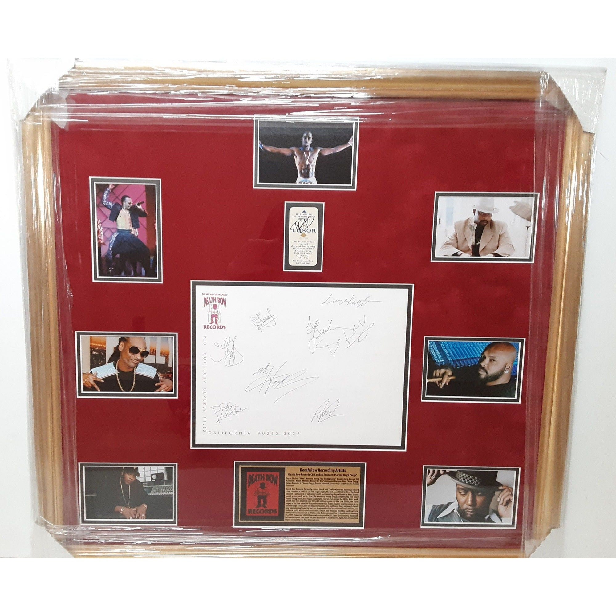 Suge Knight, Tupac Shakur, MC Hammer, Snoop Dogg, Dr, Dre, Death Row OG stationery signed and framed
