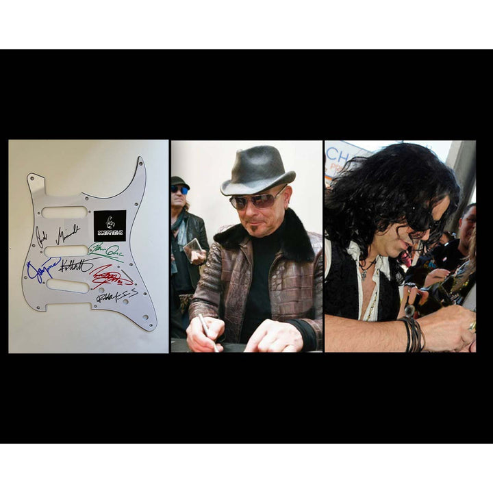 The Scorpions  Klaus Meine, Rudolf Schenker, Matthias Jabs ,James Kottak and Michael Schenker electric guitar pickguard signed