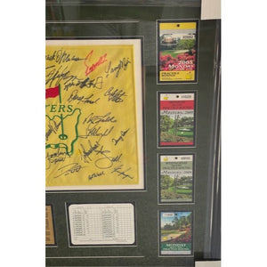 Masters Champions 35 in all with original Masters Tournament tickets signed Masters Flag and framed