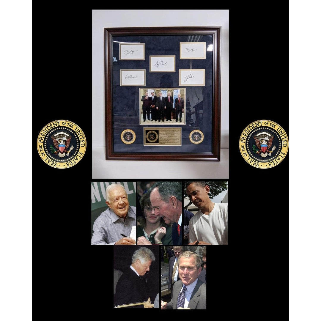 George W. Bush, George H W Bush, Barack Obama , Bill Clinton, Jimmy Carter signed and framed 30x25 with proof