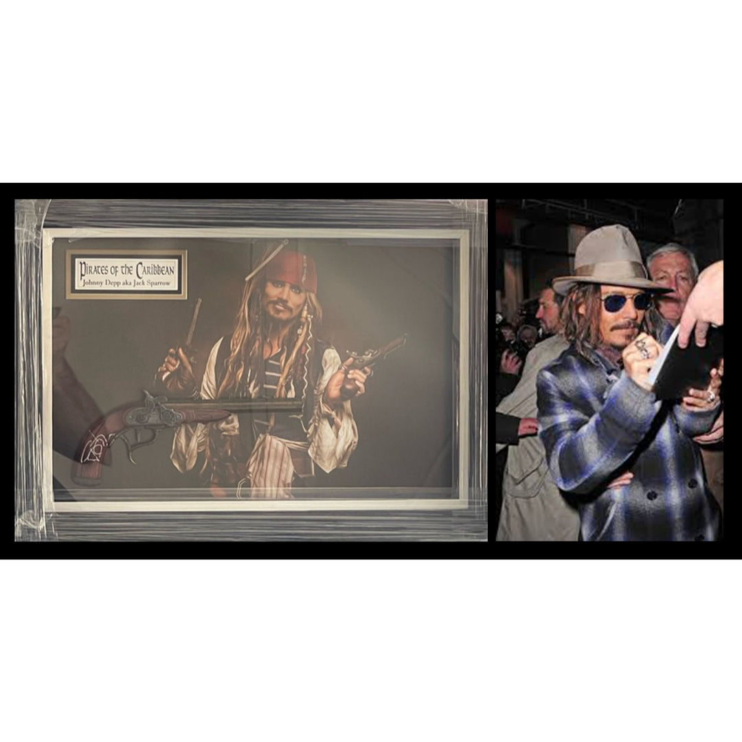 Johnny Depp Pirates of the Caribbean Jack Sparrow original flintlock Pirate pistol signed and framed (27x19x3.5) with proof