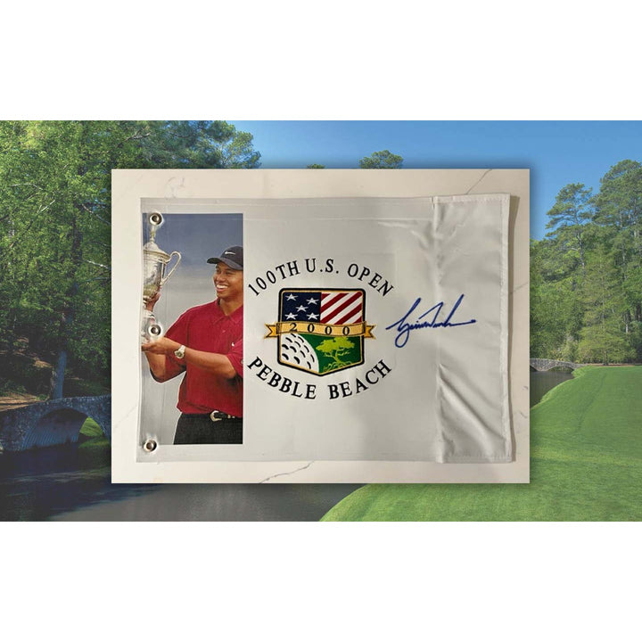 Tiger Woods 2000 US Open One of a Kind pin flag signed with proof