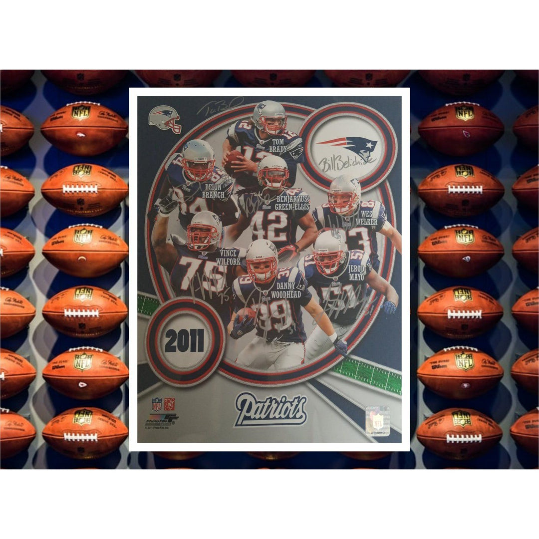 New England Patriots Tom Brady Deion Branch Wes Welker Bill Belichick Vince Wilfork 11 by 14 photo signed with proof - Awesome Artifacts 