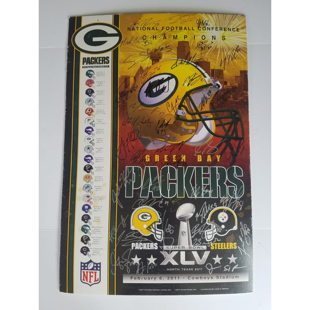 Aaron Rodgers Green Bay Packers 2009-10 Super Bowl champions team signed poster signed with proof