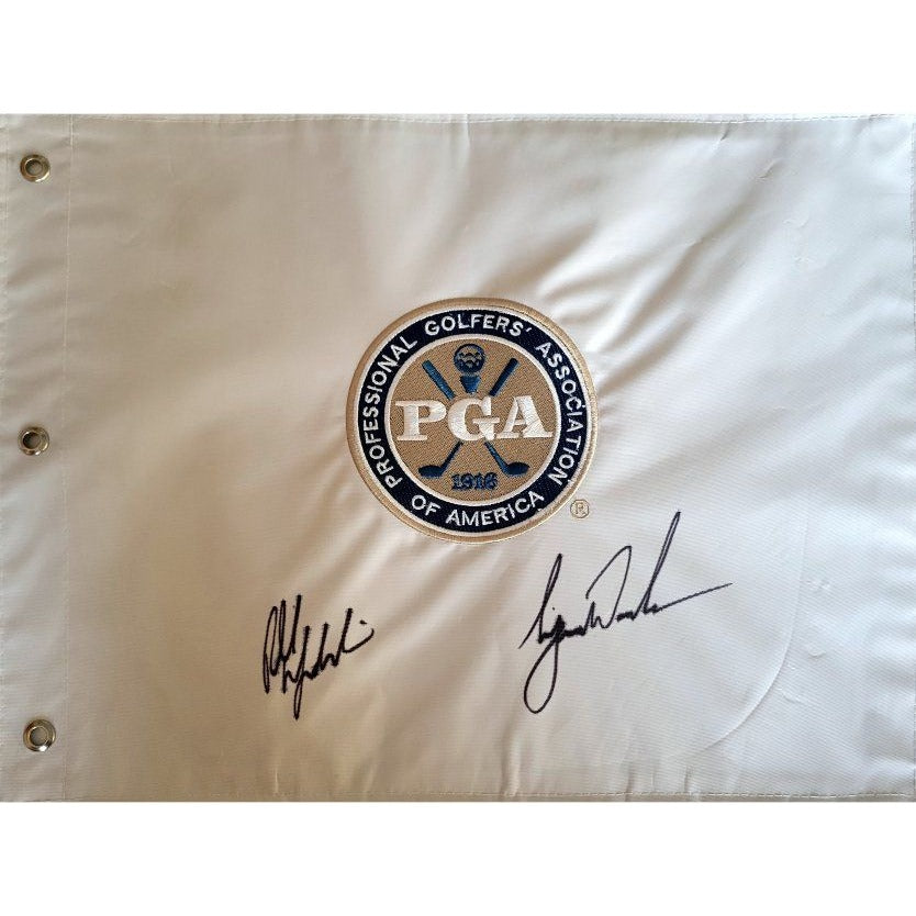 Phil Mickelson Tiger Woods PGA embroidered flag signed with proof - Awesome Artifacts 