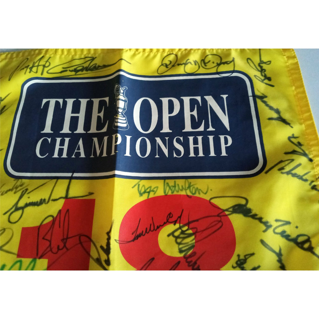 Jack Nicklaus Phil Mickelson Arnold Palmer Tiger Woods Open Champion Signed flag with proof