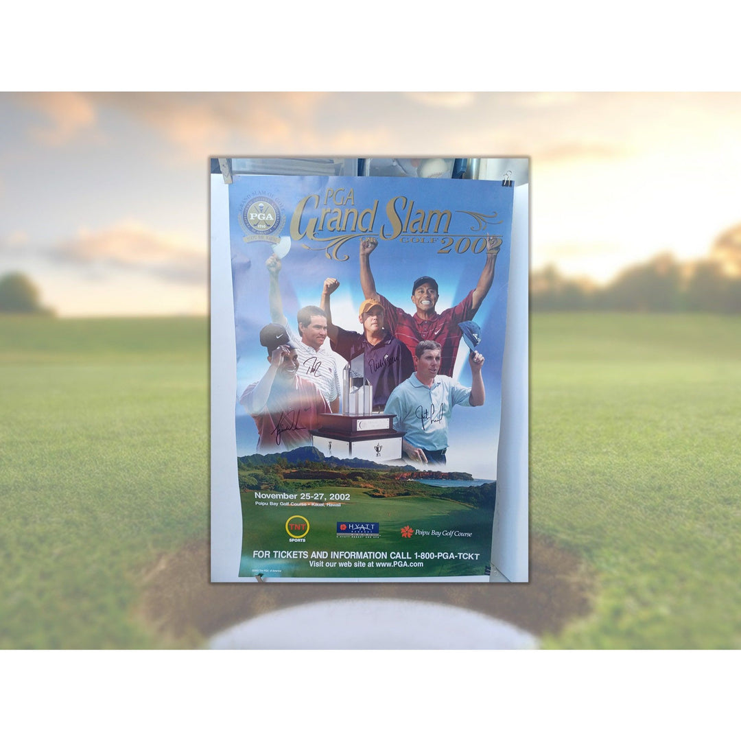 Grand Slam of golf 36in x 22in poster Tiger Woods, Davis Love, Justin Leonard and Rich Beem signed with proof