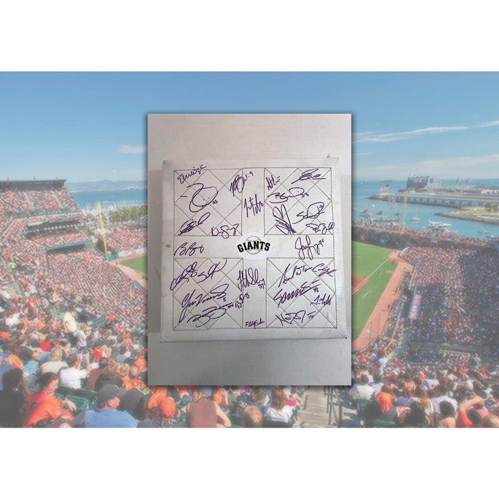 San Francisco Giants Buster Posey, Pablo Sandoval, Tim Lincecum World Series champs team signed base with proof - Awesome Artifacts 