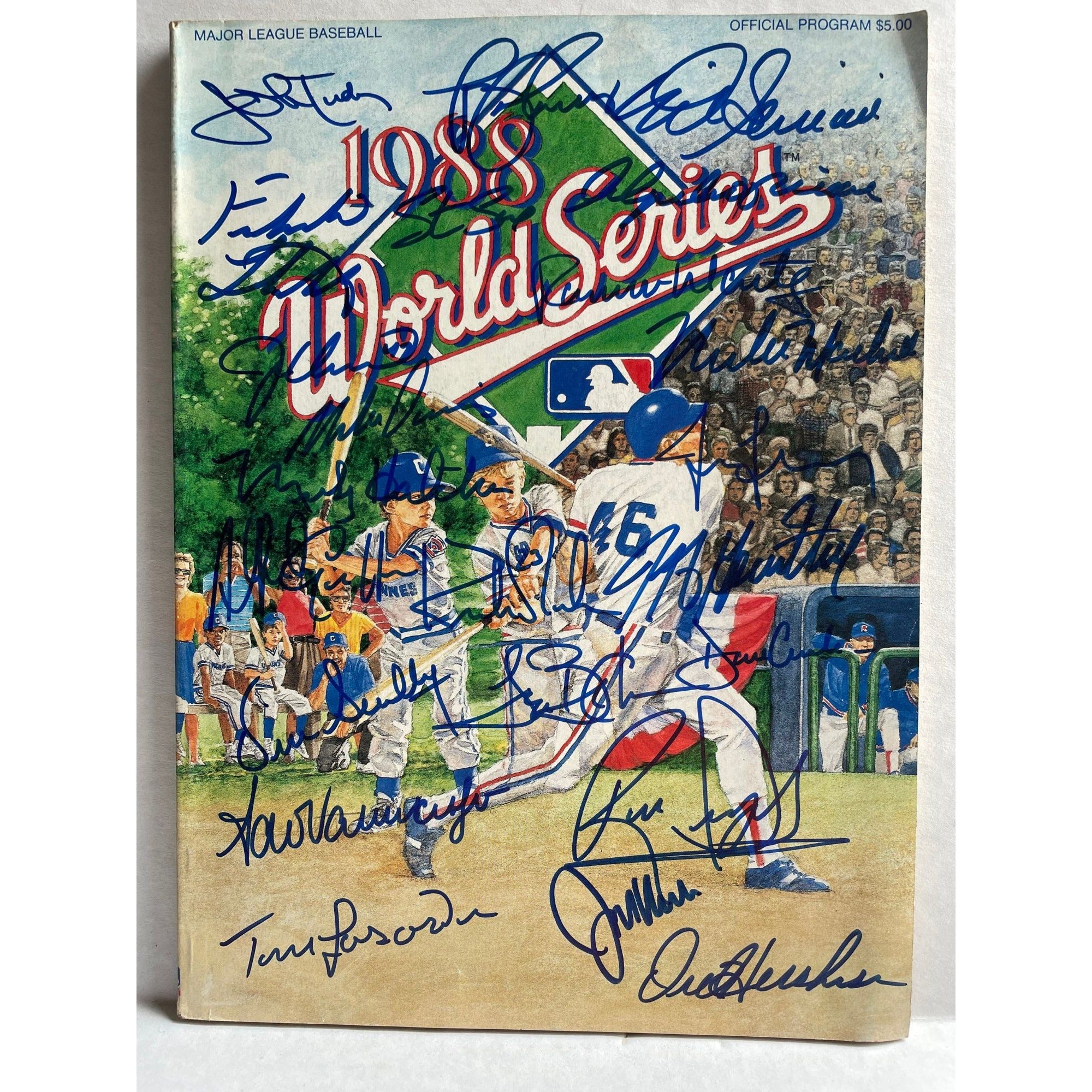 1988 Los Angeles Dodgers Orel Hershiser, Kirk Gibson, World Series program team signed with proof