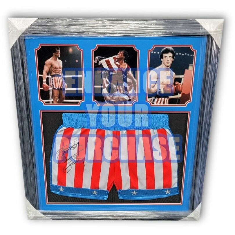 Sylvester Stallone Rocky Balboa USA boxing trunks signed with proof