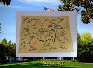 Tiger Woods, Jack Nicklaus, Arnold Palmer, Sam Snead, Masters champion signed golf flag with proof