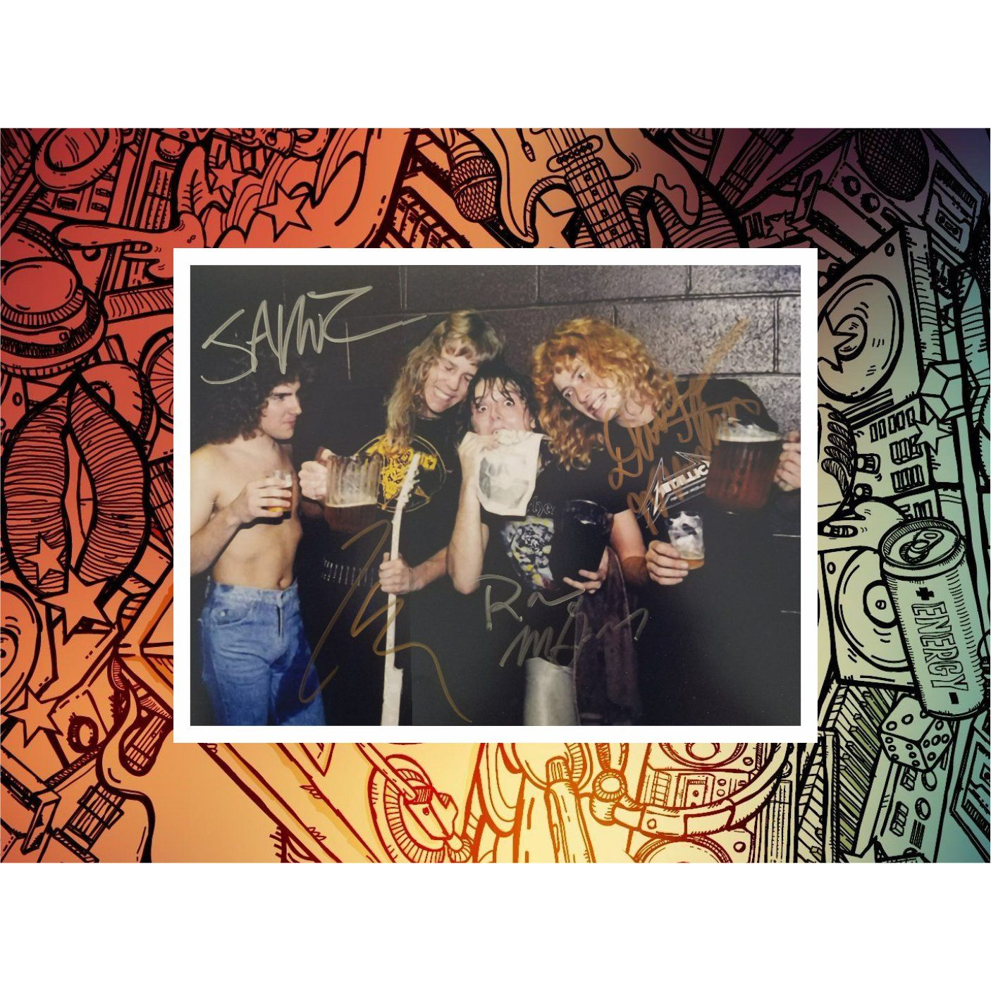Metallica Dave Mustaine James Hetfield Lars Ulrich Ron McGovney 8x10 photo signed with proof