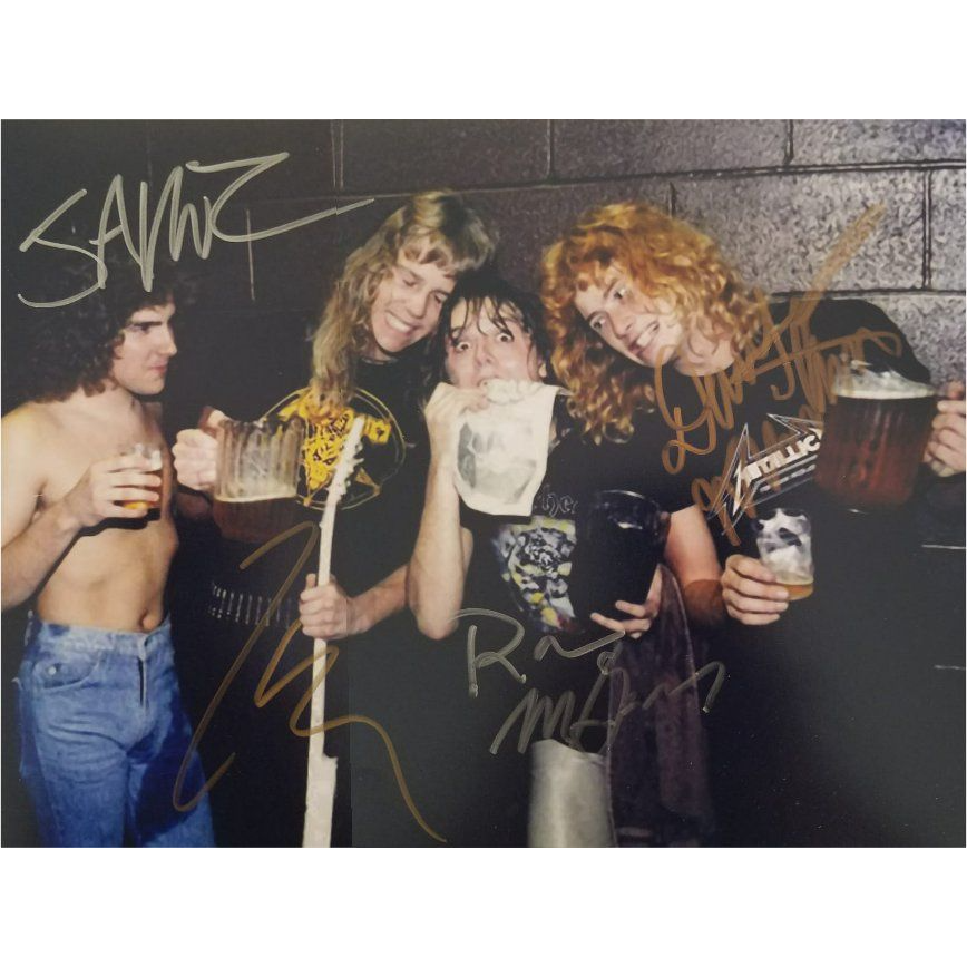 Metallica Dave Mustaine James Hetfield Lars Ulrich Ron McGovney 8x10 photo signed with proof