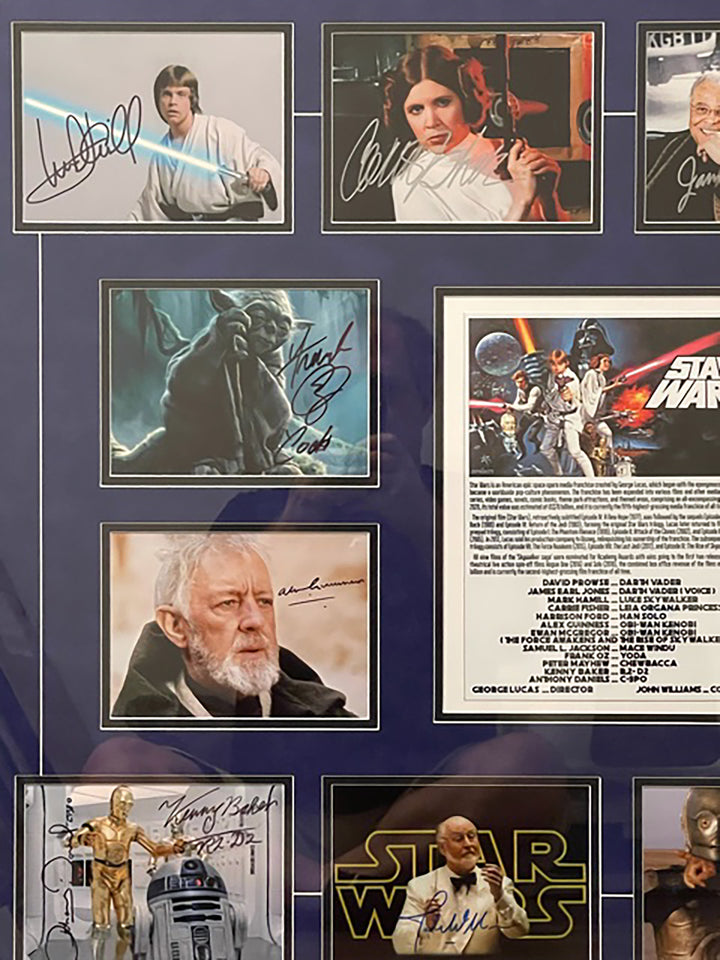 Star Wars Cast Signed George Lucas, Carrie Fisher, Harrison Ford framed photo collection with proof - Awesome Artifacts 