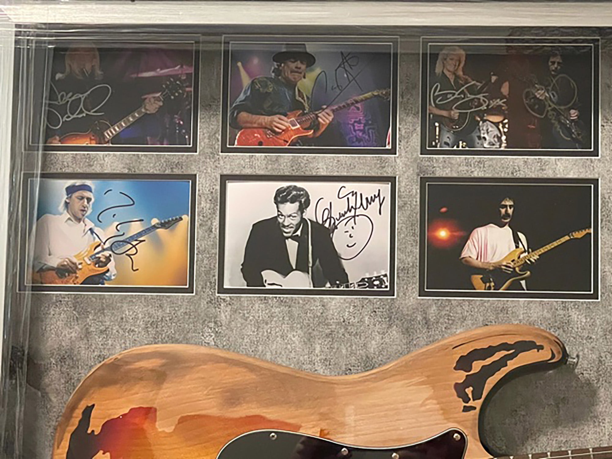 Guitarist Legends Stevie Ray Vaughan, Jimi Hendrix, Chuck Berry, Jimmy Page, Eric Clapton 48x42 inches framed guitar signed with proof