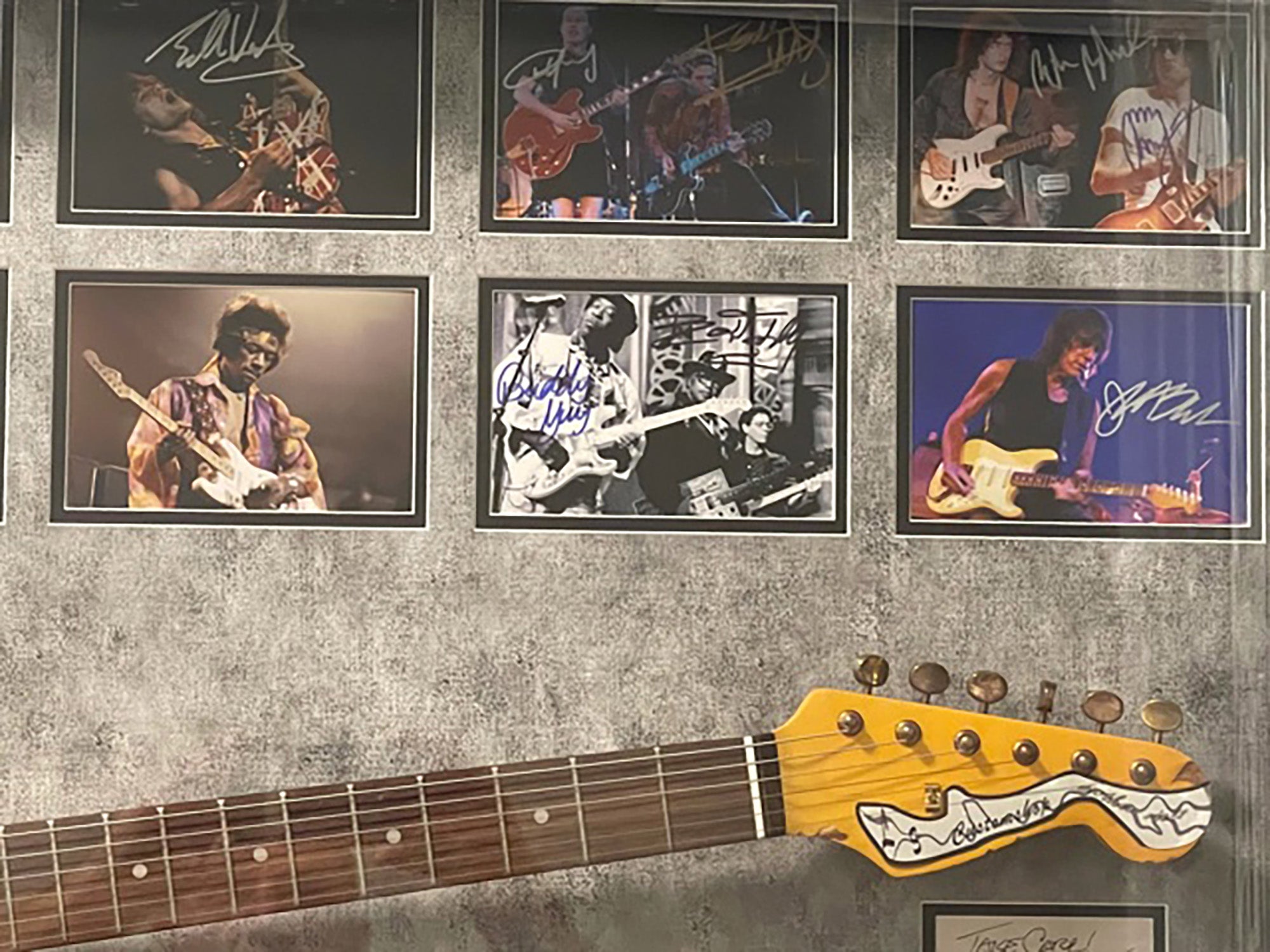 Guitarist Legends Stevie Ray Vaughan, Jimi Hendrix, Chuck Berry, Jimmy Page, Eric Clapton 48x42 inches framed guitar signed with proof
