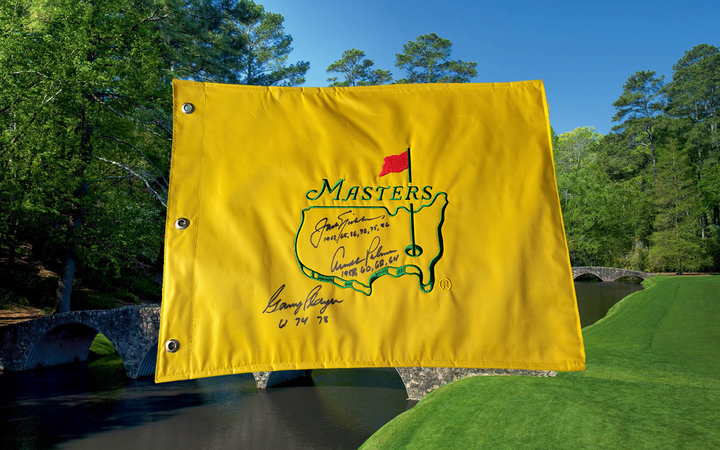 Jack Nicklaus, Arnold Palmer, Gary Player Masters Golf pin flag signed with proof